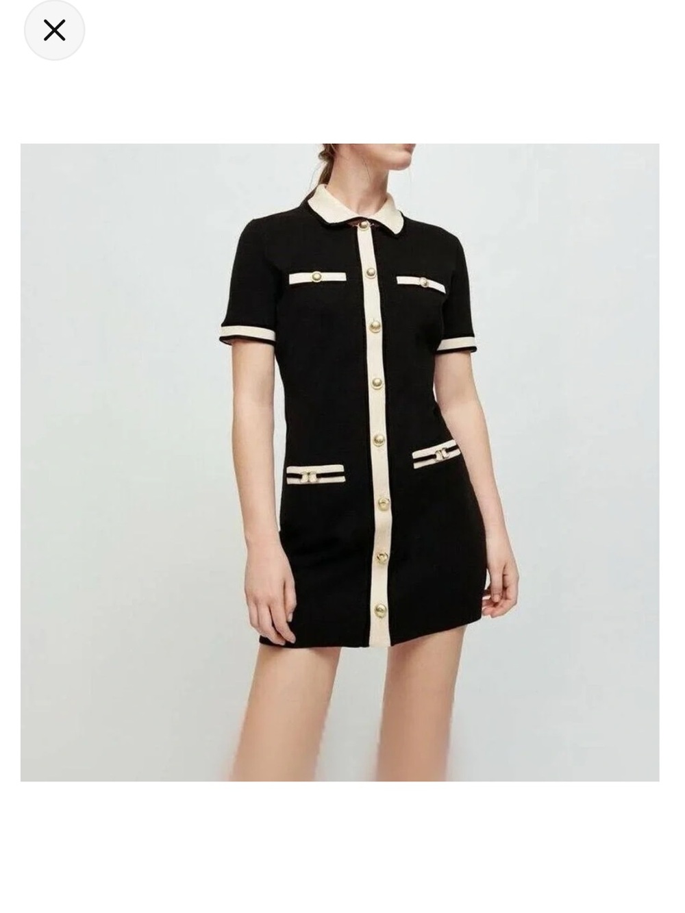 Maje Black Mini Dress with Cream Trim and Gold Buttons